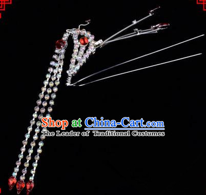 Chinese Ancient Peking Opera Head Accessories Diva Red Crystal Long Tassel Phoenix Hairpins, Traditional Chinese Beijing Opera Princess Hua Tan Hair Clasp Head-ornaments