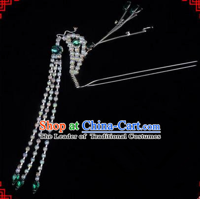 Chinese Ancient Peking Opera Head Accessories Diva Green Crystal Long Tassel Phoenix Hairpins, Traditional Chinese Beijing Opera Princess Hua Tan Hair Clasp Head-ornaments