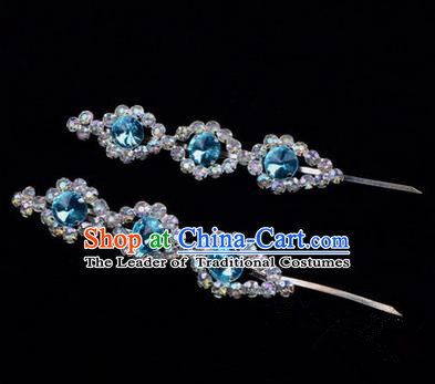 Chinese Ancient Peking Opera Head Accessories Diva Blue Beads Crystal Hairpins, Traditional Chinese Beijing Opera Princess Hua Tan Hair Clasp Head-ornaments