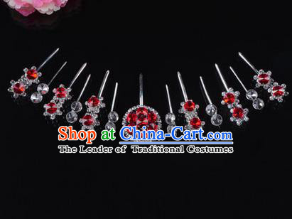 Chinese Ancient Peking Opera Head Accessories Diva Crystal Red Hairpins Complete Set, Traditional Chinese Beijing Opera Princess Hua Tan Hair Clasp Head-ornaments