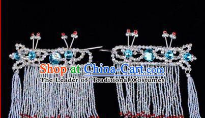 Chinese Ancient Peking Opera Hair Accessories Young Lady Diva Blue Crystal Hairpins Tassel Temples Curtain, Traditional Chinese Beijing Opera Hua Tan Head Ornaments