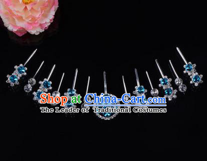 Chinese Ancient Peking Opera Head Accessories Diva Crystal Blue Hairpins Complete Set, Traditional Chinese Beijing Opera Princess Hua Tan Hair Clasp Head-ornaments