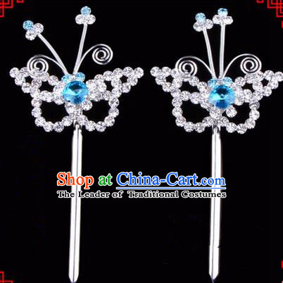 Chinese Ancient Peking Opera Head Accessories Diva Blue Crystal Hairpins, Traditional Chinese Beijing Opera Princess Hua Tan Butterfly Hair Clasp Head-ornaments