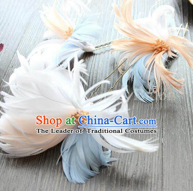 Top Grade Handmade Wedding Bride Hair Accessories Headwear Feather Hair Stick, Traditional Princess Baroque Headpiece for Women