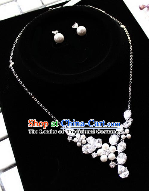 Top Grade Handmade China Wedding Bride Accessories Zircon Necklace and Pearl Earrings, Traditional Princess Wedding Crystal Jewelry for Women