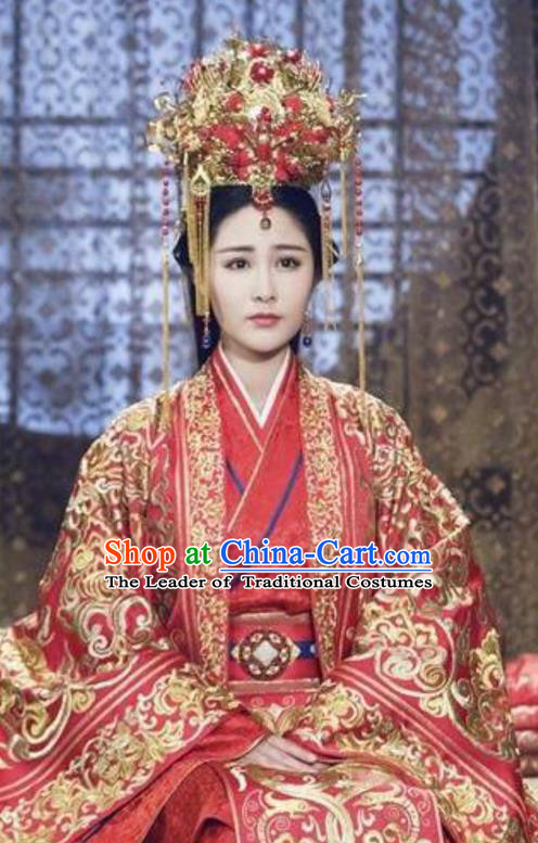 Traditional Chinese Ancient Warring States Palace Princess Costumes and Handmade Headpiece Complete Set, Song of Phoenix Chu State Infanta Bride Wedding Hanfu Embroidered Clothing for Women