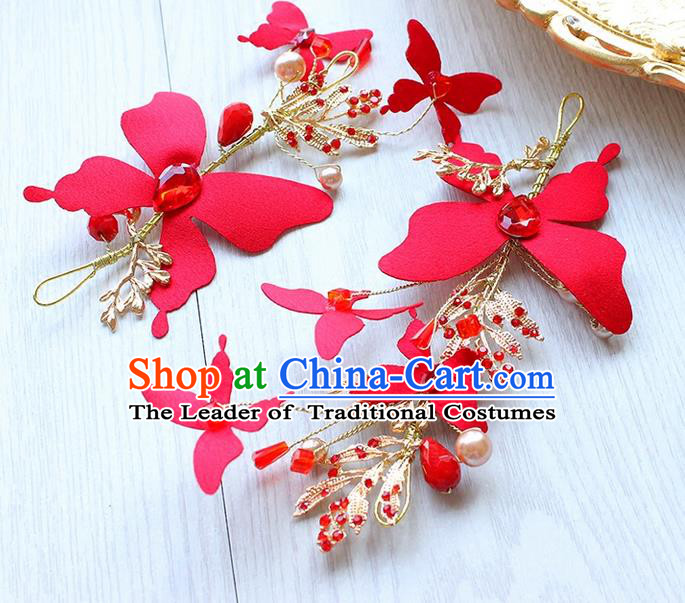 Top Grade Handmade Wedding Bride Hair Accessories Red Butterfly Headwear, Traditional Princess Baroque Hair Stick Headpiece for Women