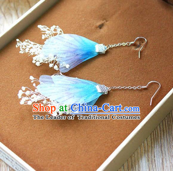 Top Grade Handmade China Wedding Bride Accessories Blue Wing Earrings, Traditional Princess Wedding Earbob Jewelry for Women