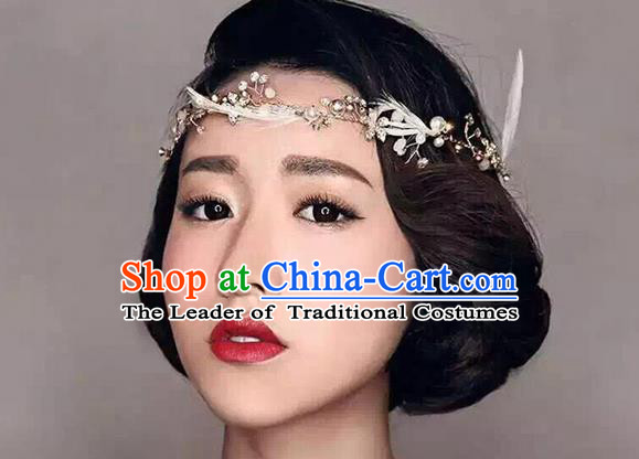 Top Grade Handmade Wedding Bride Hair Accessories Feather Headband, Traditional Princess Baroque Hair Clasp Headpiece for Women