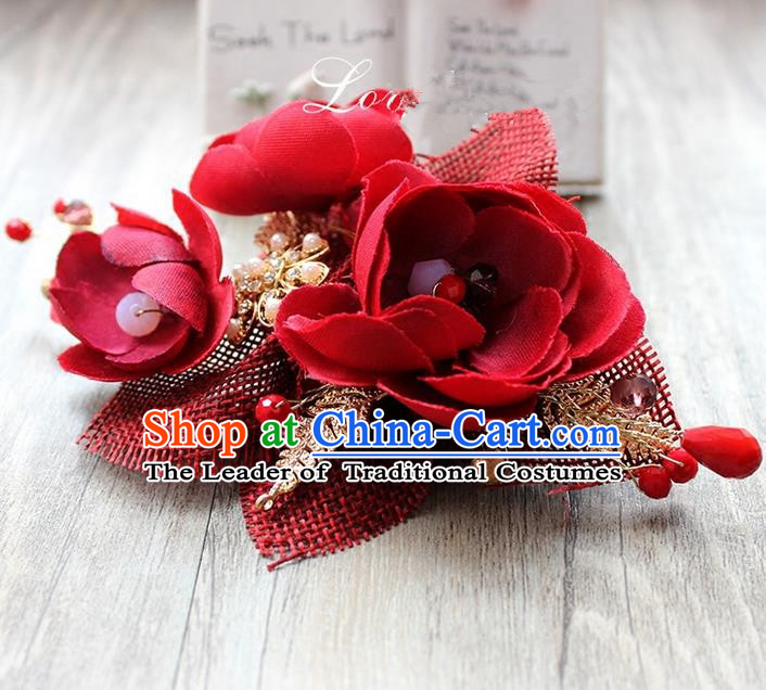 Top Grade Handmade Wedding Bride Hair Accessories Linen Red Flowers Hair Claws, Traditional Princess Baroque Hair Stick Headpiece for Women