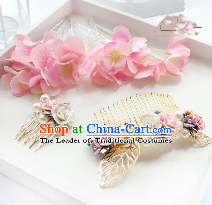 Top Grade Handmade Wedding Bride Hair Accessories Pink Flower Hairpins and Hair Combs, Traditional Princess Baroque Headband Headpiece for Women