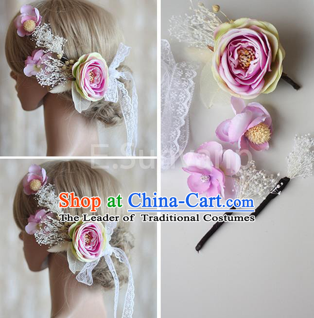 Top Grade Handmade Wedding Bride Hair Accessories Pink Flowers Hair Clips Complete Set, Traditional Princess Baroque Hair Stick Headpiece for Women