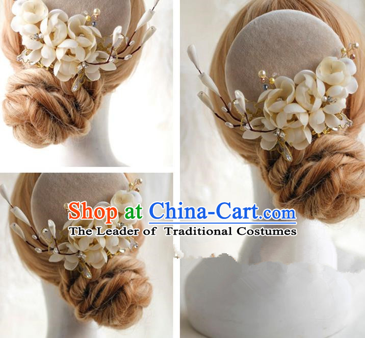 Top Grade Handmade Wedding Bride Hair Accessories Hat, Traditional Princess Baroque Beige Flowers Top Hat Headpiece for Women