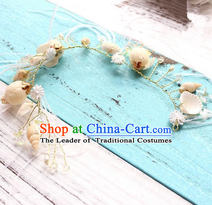 Top Grade Handmade Wedding Bride Hair Accessories Beige Shell Headband, Traditional Princess Baroque Hair Clasp Headpiece for Women