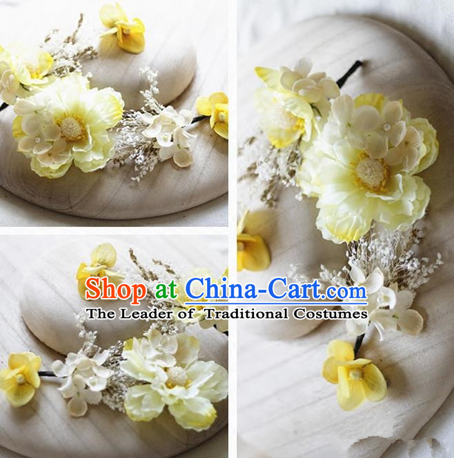 Top Grade Handmade Wedding Bride Hair Accessories Yellow Silk Flower Hair Stick Complete Set, Traditional Princess Baroque Hairpins Headpiece for Women