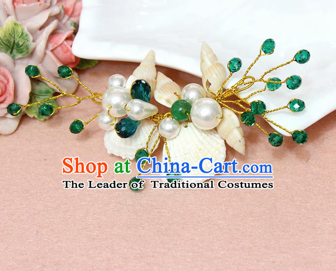 Top Grade Handmade Wedding Bride Hair Accessories Pearl Shell Hair Claws, Traditional Princess Baroque Green Beads Hair Stick Headpiece for Women