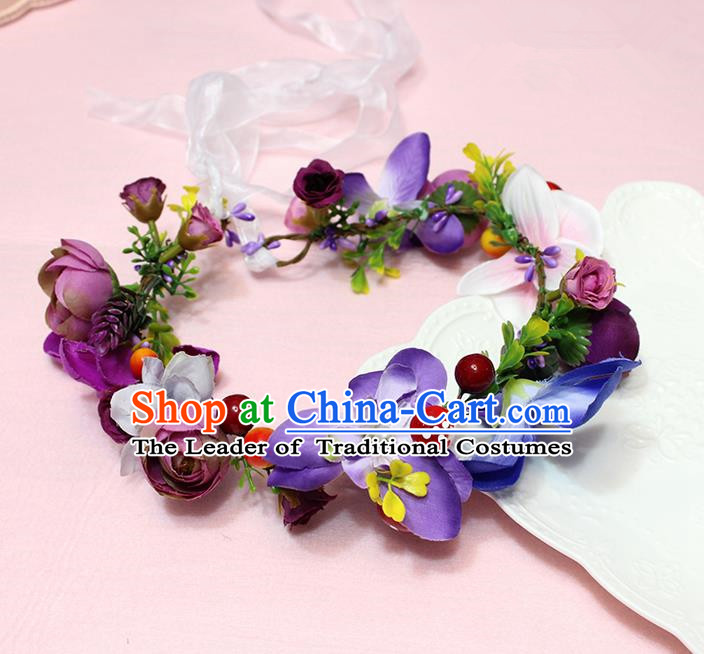 Top Grade Handmade Wedding Hair Accessories Bride Purple Flowers Garland, Traditional Princess Baroque Hair Clips Headpiece for Women