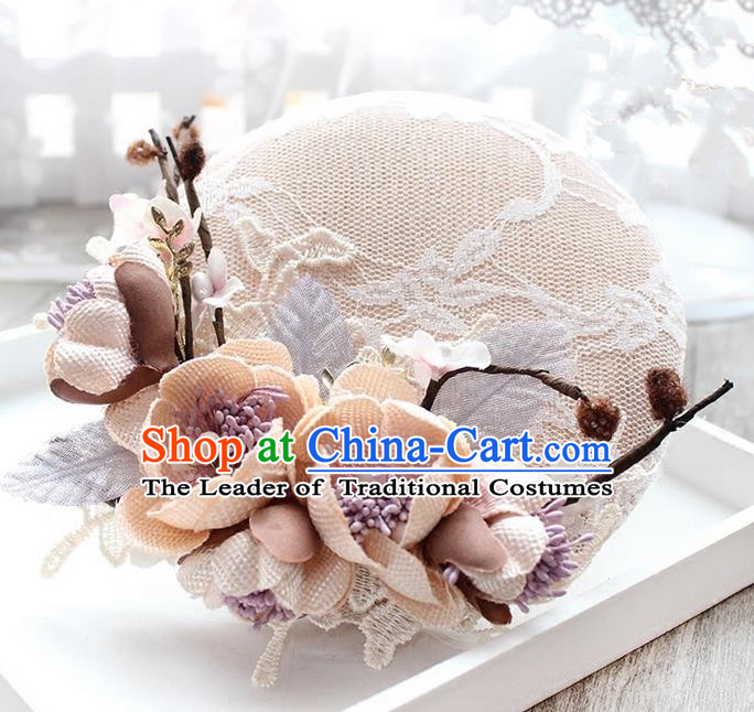 Top Grade Handmade Wedding Bride Hair Accessories Beige Flowers Lace Hats, Traditional Princess Baroque Top Hat Headpiece for Women