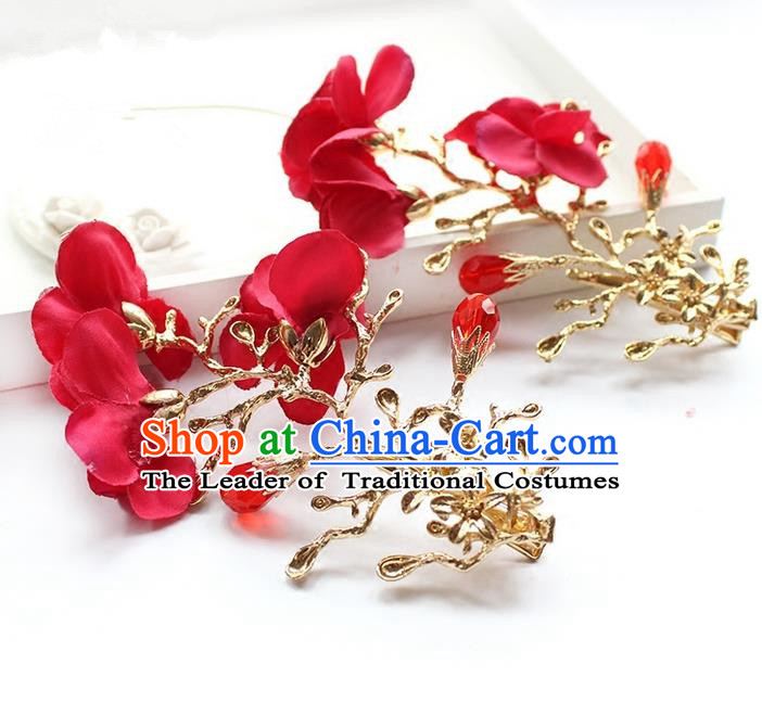 Top Grade Handmade Wedding Bride Hair Accessories Red Flowers Hair Stick, Traditional Princess Baroque Hair Clips Headpiece for Women