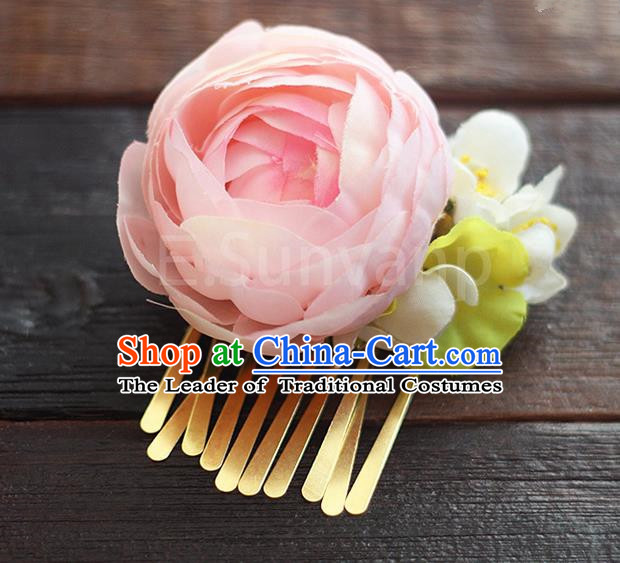 Top Grade Handmade Wedding Bride Hair Accessories Pink Rose Hair Claw, Traditional Princess Baroque Hair Stick Headpiece Hairpins for Women