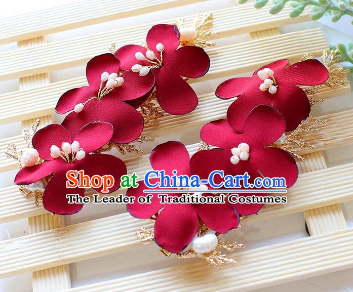 Top Grade Handmade Wedding Bride Hair Accessories Red Flowers Hair Clips, Traditional Princess Baroque Hair Claws Headpiece for Women