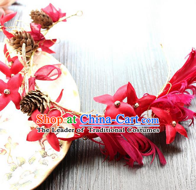 Top Grade Handmade Wedding Bride Hair Accessories Red Flower Hair Clasp, Traditional Princess Baroque Dragonfly Headband Headpiece for Women