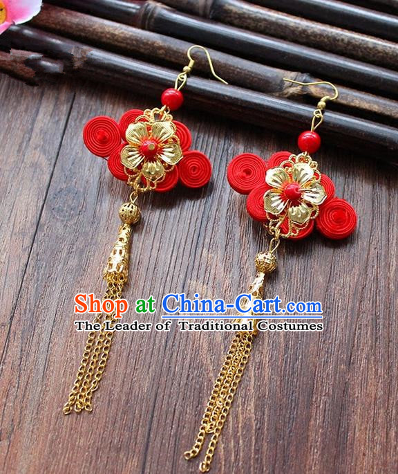 Top Grade Handmade China Wedding Bride Accessories Chinese Knot Earrings, Traditional Princess Wedding Xiuhe Suit Red Eardrop Jewelry for Women