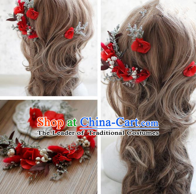 Top Grade Handmade Wedding Bride Hair Accessories Red Flowers Hair Clasp, Traditional Princess Baroque Garland Headband Headpiece for Women