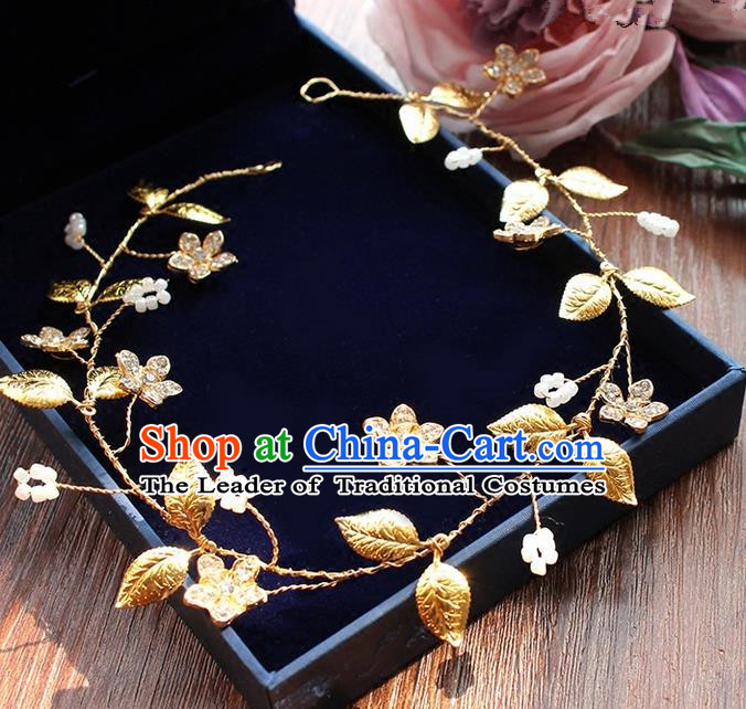 Top Grade Handmade Wedding Bride Hair Accessories Golden Headband, Traditional Princess Baroque Hair Clasp Headpiece for Women