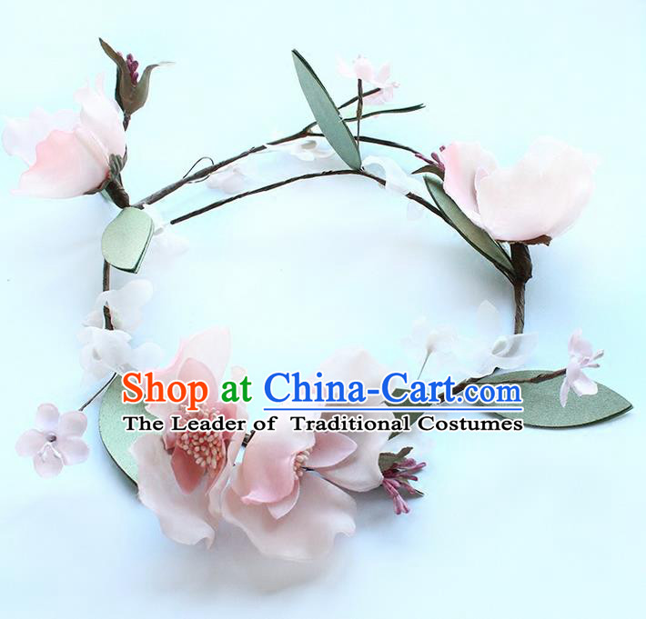 Top Grade Handmade Wedding Bride Hair Accessories Pink Flowers Headband Carland, Traditional Princess Baroque Hair Clasp Headpiece for Women