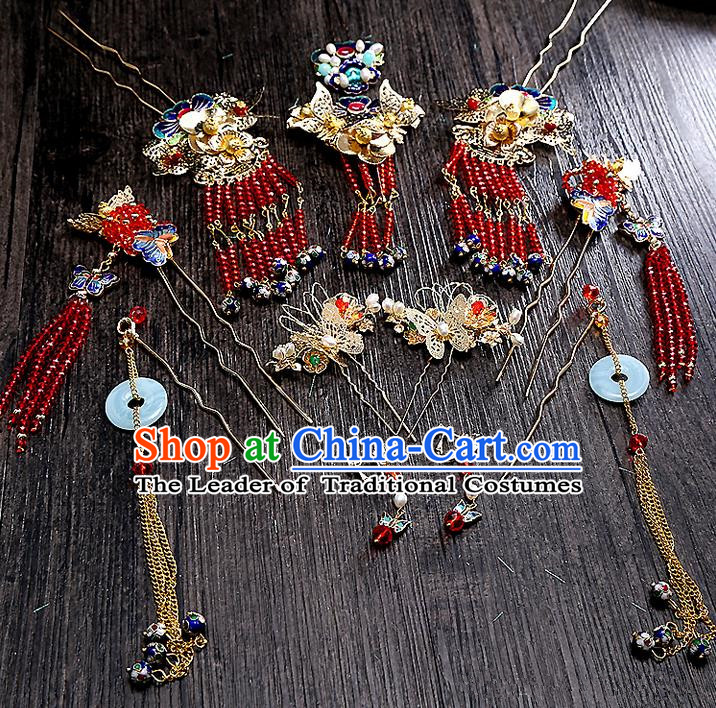 Top Grade Chinese Handmade Wedding Pink Flower Hair Accessories Frontlet Copmlete Set, Traditional China Xiuhe Suit Step Shake Bride Hanfu Tassel Hairpins Headdress for Women