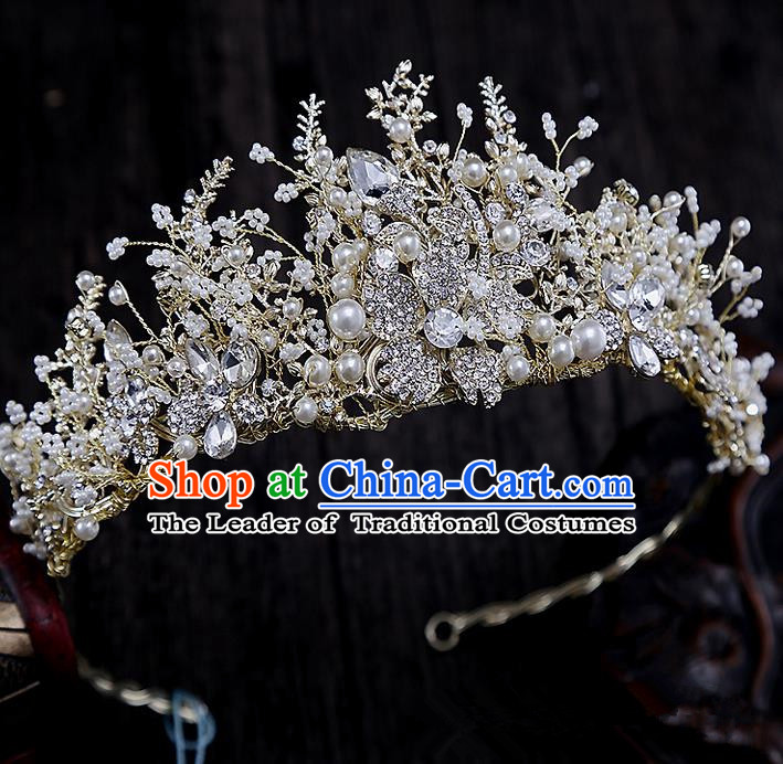 Top Grade Handmade Wedding Hair Accessories Bride Vintage Pearl Crown, Traditional Baroque Queen Crystal Royal Crown Wedding Headwear for Women