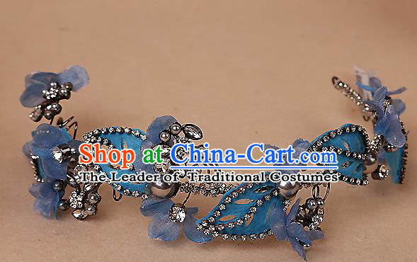 Top Grade Handmade Wedding Bride Hair Accessories Blue Headband Hair Clasp, Traditional Baroque Princess Crystal Hair Stick Headpiece for Women