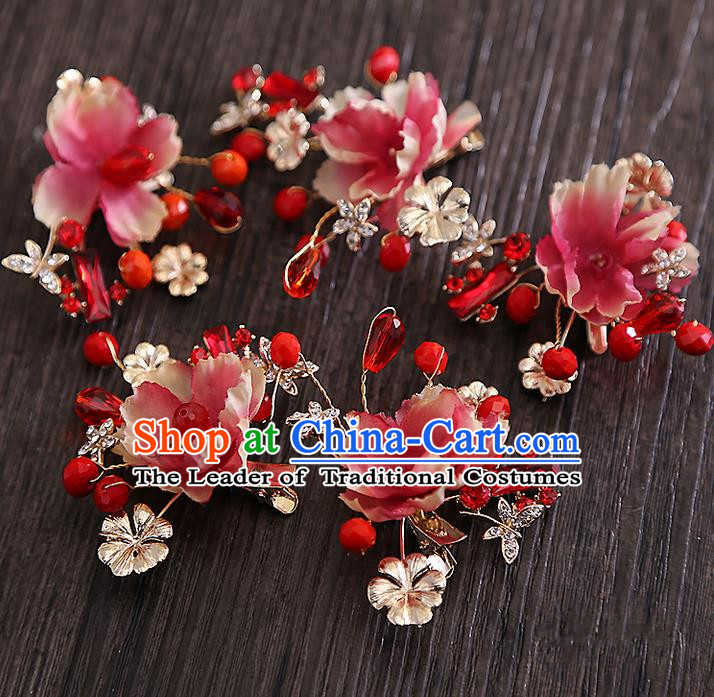 Top Grade Handmade Wedding Bride Hair Accessories Red Beads Headband Hair Claw, Traditional Baroque Princess Hair Stick Headpiece for Women