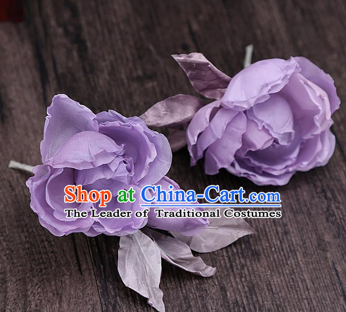 Top Grade Handmade Wedding Hair Accessories Bride Purple Flower Hairpin, Traditional Baroque Princess Hair Stick Headpiece for Women