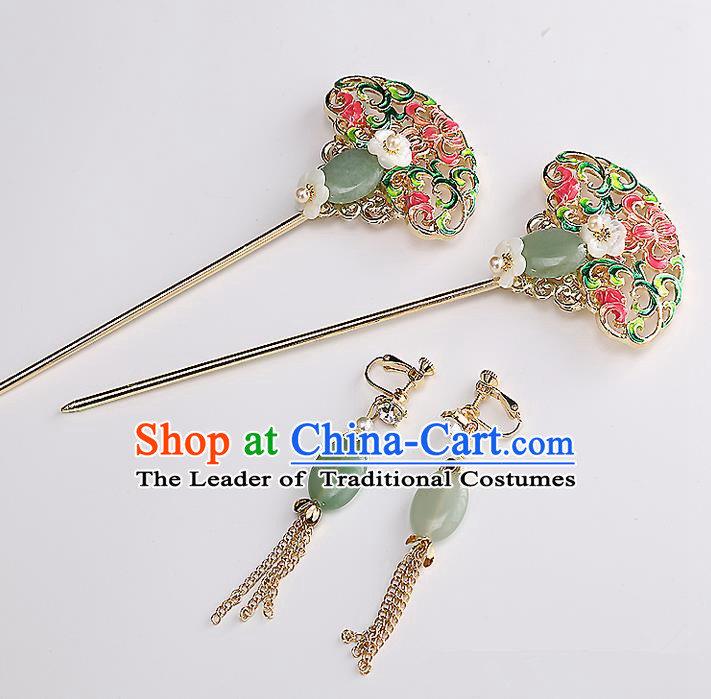 Top Grade Chinese Handmade Wedding Jade Hair Accessories and Earrings, Traditional China Xiuhe Suit Bride Hanfu Hairpins Headdress for Women