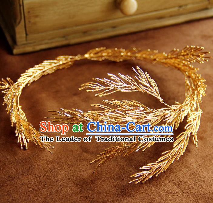 Top Grade Handmade Wedding Bride Hair Accessories Golden Headband Hair Crown, Traditional Baroque Princess Hair Clasp Headpiece for Women