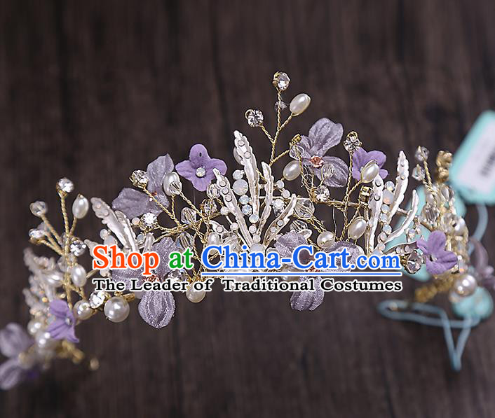 Top Grade Handmade Wedding Hair Accessories Bride Princess Purple Hair Clasp Crown, Traditional Baroque Queen Retro Crystal Royal Crown Wedding Headwear for Women