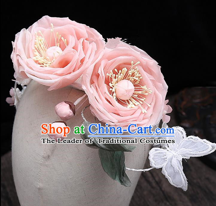 Top Grade Handmade Wedding Hair Accessories Bride Pink Rose Hair Stick, Traditional Baroque Princess Hair Clip Headband Headpiece for Women