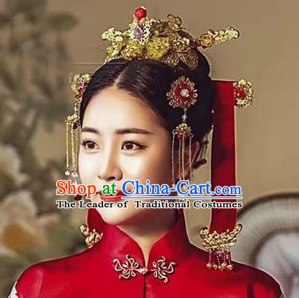 Top Grade Chinese Handmade Wedding Hair Accessories Phoenix Coronet, Traditional China Xiuhe Suit Bride Hairpins Tassel Step Shake Headdress for Women