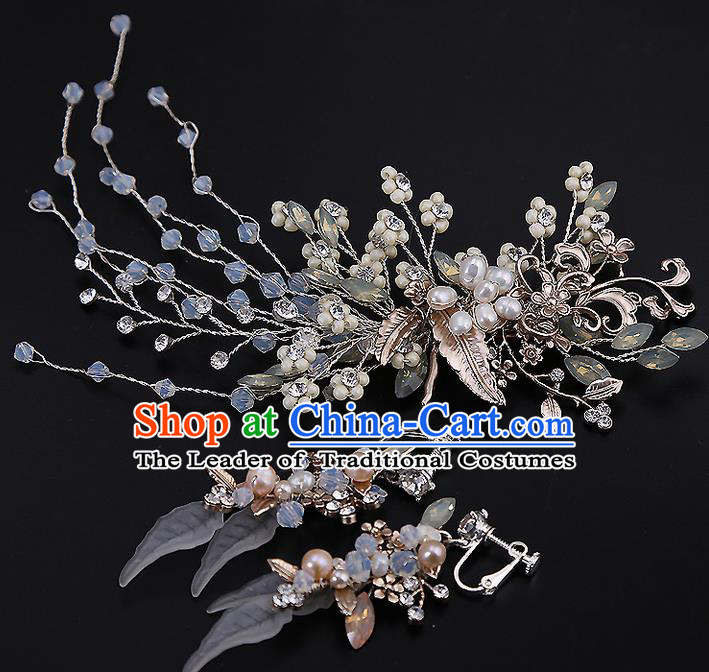 Top Grade Handmade Wedding Dragonfly Hair Accessories Bride Flowers Hair Claw and Tassel Earrings, Traditional Baroque Princess Hair Stick Headband Headdress for Women