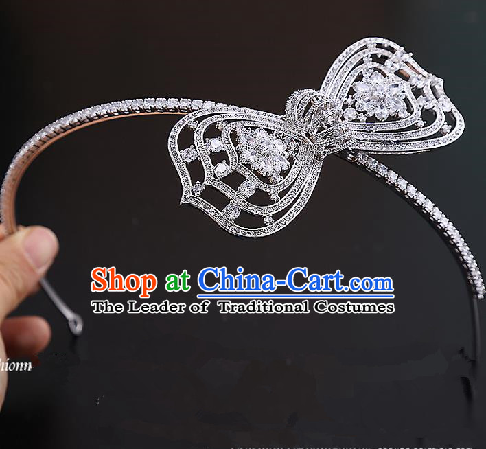 Top Grade Handmade Wedding Dragonfly Hair Accessories Bride Bowknot Hair Clasp, Traditional Baroque Princess Zircon Hair Clip Headband Headdress for Women