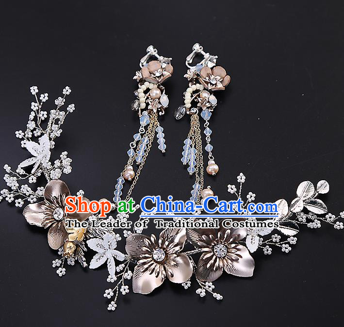 Top Grade Handmade Wedding Dragonfly Hair Accessories Bride Crystal Hair Clasp and Tassel Earrings, Traditional Baroque Princess Hair Stick Headband Headdress for Women