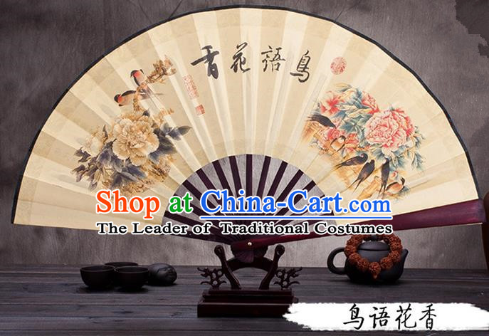 Traditional Chinese Ancient Peking Opera Accessories Scholar Ink Painting Flowers Bird Fan, Traditional Chinese Beijing Opera Young Men Props Folding Fans