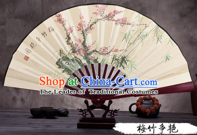 Traditional Chinese Ancient Peking Opera Accessories Scholar Ink Painting Plum and Bamboo Fan, Traditional Chinese Beijing Opera Young Men Props Folding Fans