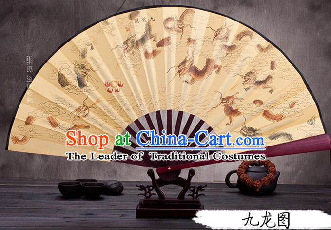 Traditional Chinese Ancient Peking Opera Accessories Scholar Ink Painting Nine Dragons Fan, Traditional Chinese Beijing Opera Young Men Props Folding Fans