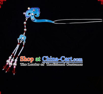 Chinese Ancient Peking Opera Head Accessories Diva Long Tassel Kingfisher Hairpins, Traditional Chinese Beijing Opera Princess Hua Tan Hair Clasp Head-ornaments