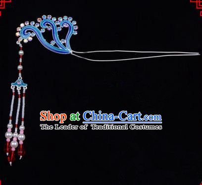 Chinese Ancient Peking Opera Head Accessories Diva Long Tassel Kingfisher Hairpins, Traditional Chinese Beijing Opera Princess Hua Tan Hair Clasp Head-ornaments