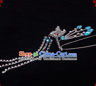 Chinese Ancient Peking Opera Head Accessories Diva Blue Crystal Hairpins Step Shake, Traditional Chinese Beijing Opera Princess Hua Tan Hair Clasp Head-ornaments