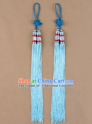 Traditional Chinese Ancient Peking Opera Taiji Sword Tassel, Traditional Chinese Beijing Opera Light Blue Long Tassel Straightsword Hat Tassels
